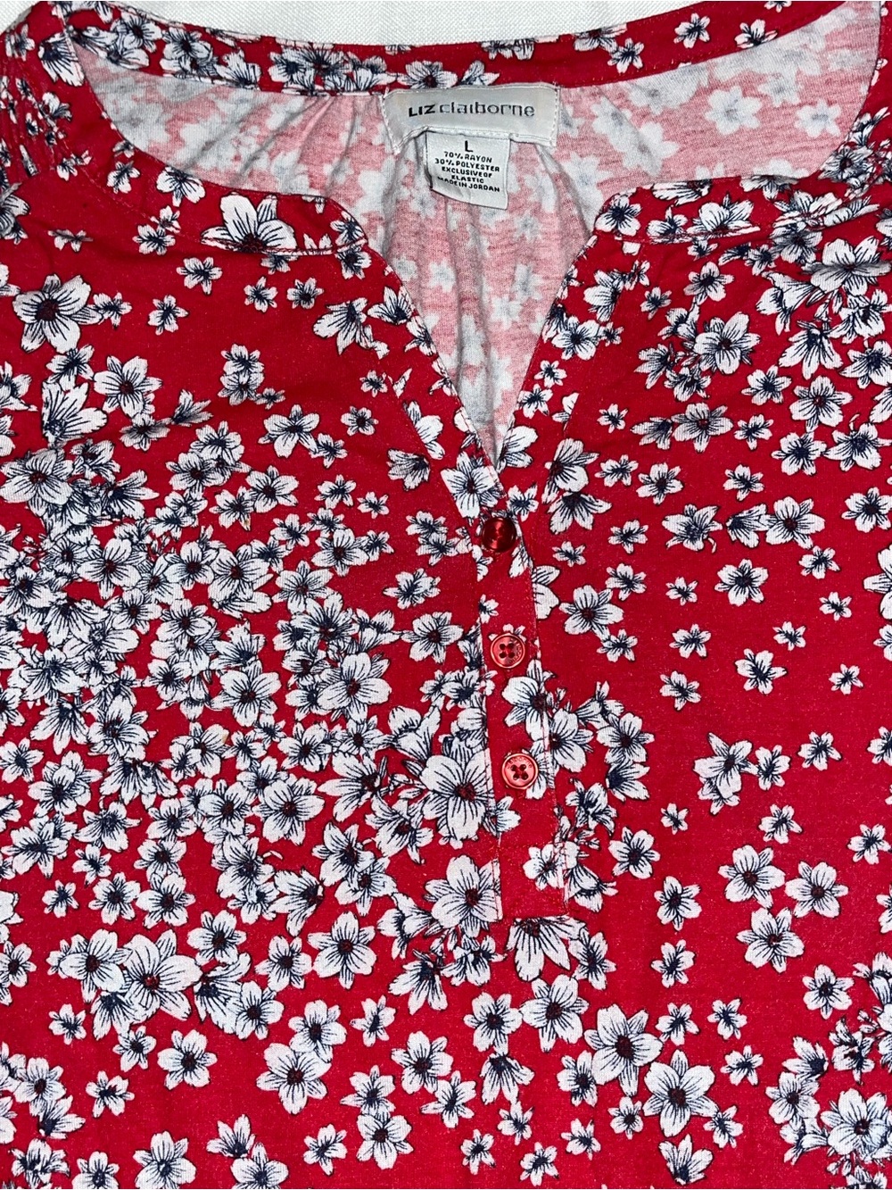 Liz Claiborne Red Floral Button-Front Henley Top